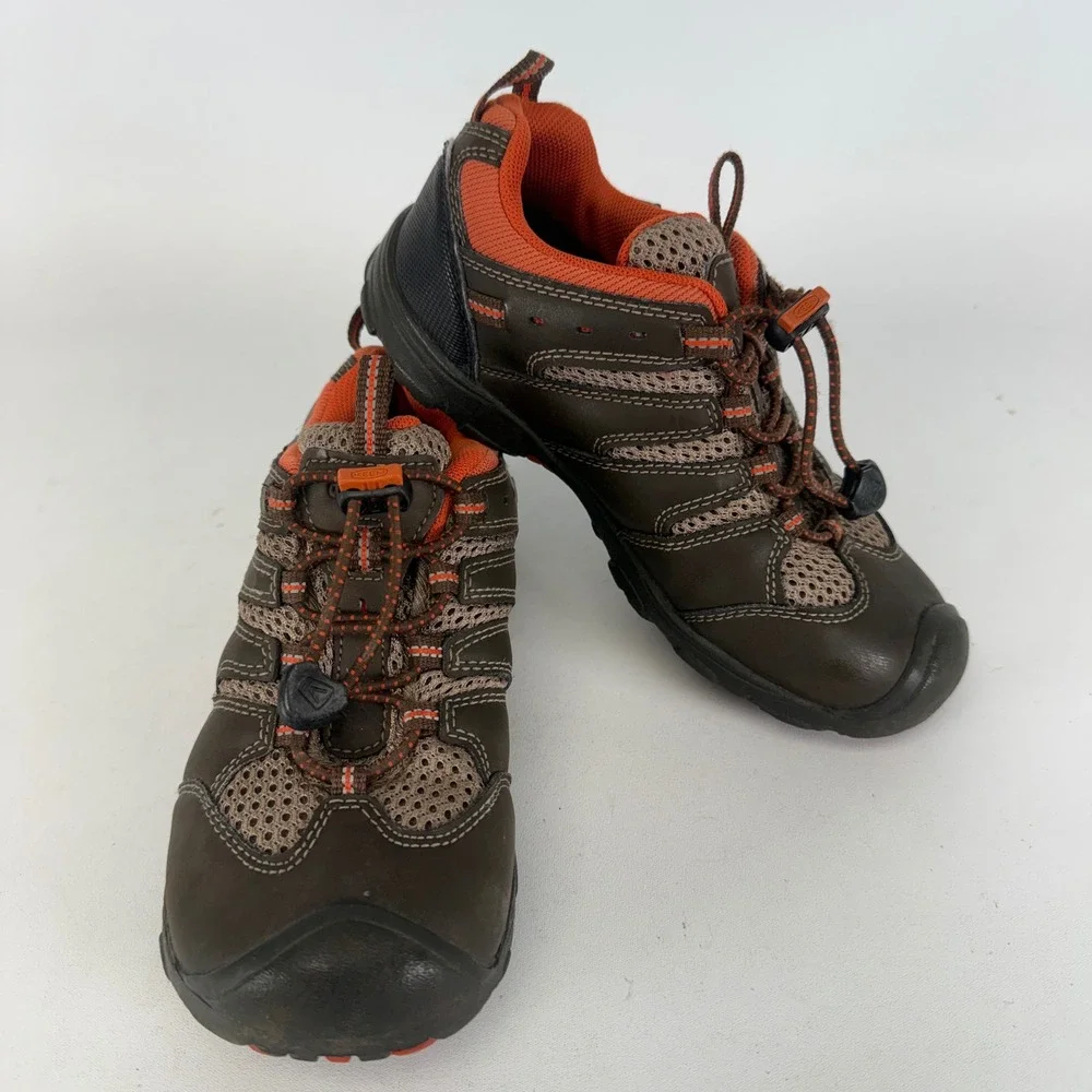 Keen Kids Waterproof Hiking Shoes Brown Orange Bungee Laces Low Top Trail Shoe